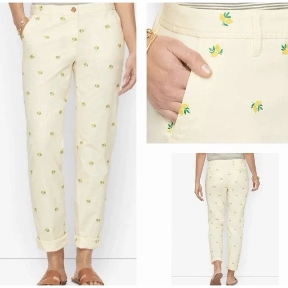 Talbots Relaxed Chino Pastel Yellow Ankle Pants Embroidered Lemon Pattern 6 - Picture 1 of 8